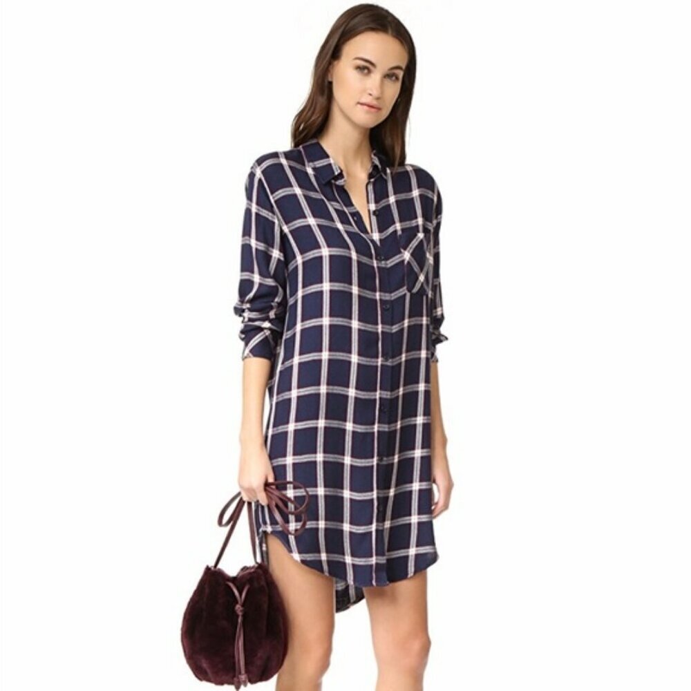 Rails Navy Blue White & Red Plaid Long Sleeve Button Down Casual Shirt Dress S